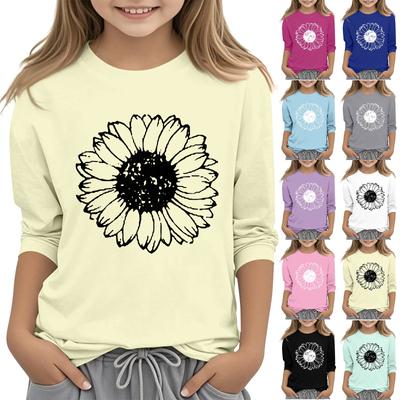 Children's 7 Point Sleeve Printed Sunflower Round Neck  Casual T-shirt