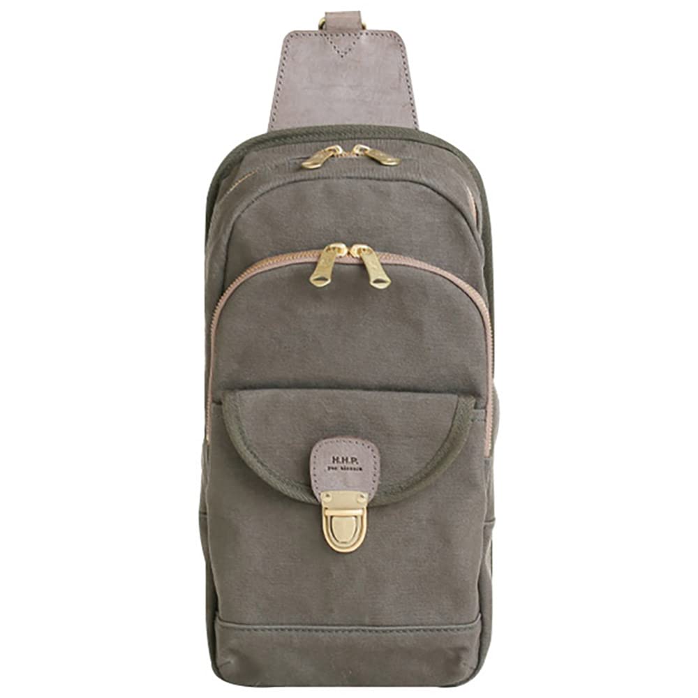 Hinomoto Canvas Kissora Collaboration One Shoulder Moss Green X Gray Size Storage Water Repellent Made In Genuine Leather Canvas Body Bag (B5 / /