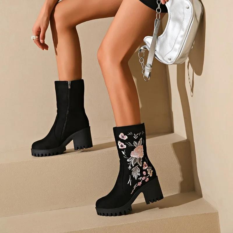 Modne haftowane wysokie obcasy damskie śniegowce gruba podeszwa retro casualowe buty zamszowe zimowe trendy projektant modne i wygodne