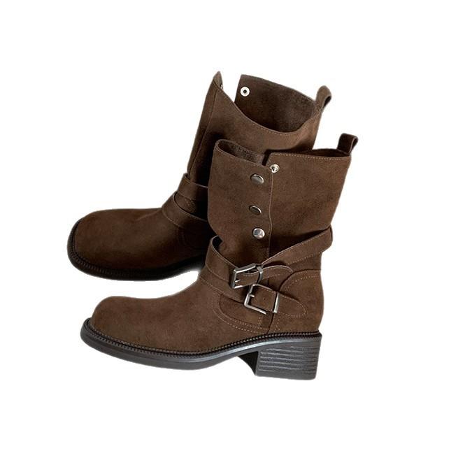 Cowhide version~ Height increase 5.5cm Maillard thick heel thick sole belt buckle thin thick heel short boots locomotive boots women's autumn