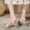Slip-on Single Shoes  Summer New Style Crystal Bottom Thick Heel Square Toe One-word Belt Sandals for Women