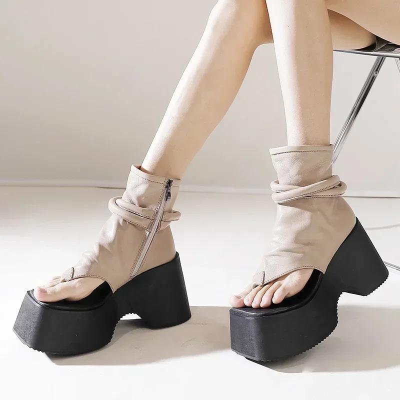 Summer New Slim Wedges Platform Flip Flops Sewing Cut Out Narrow Band Genuine Leather Women Ankle Short Gladiator Boots
