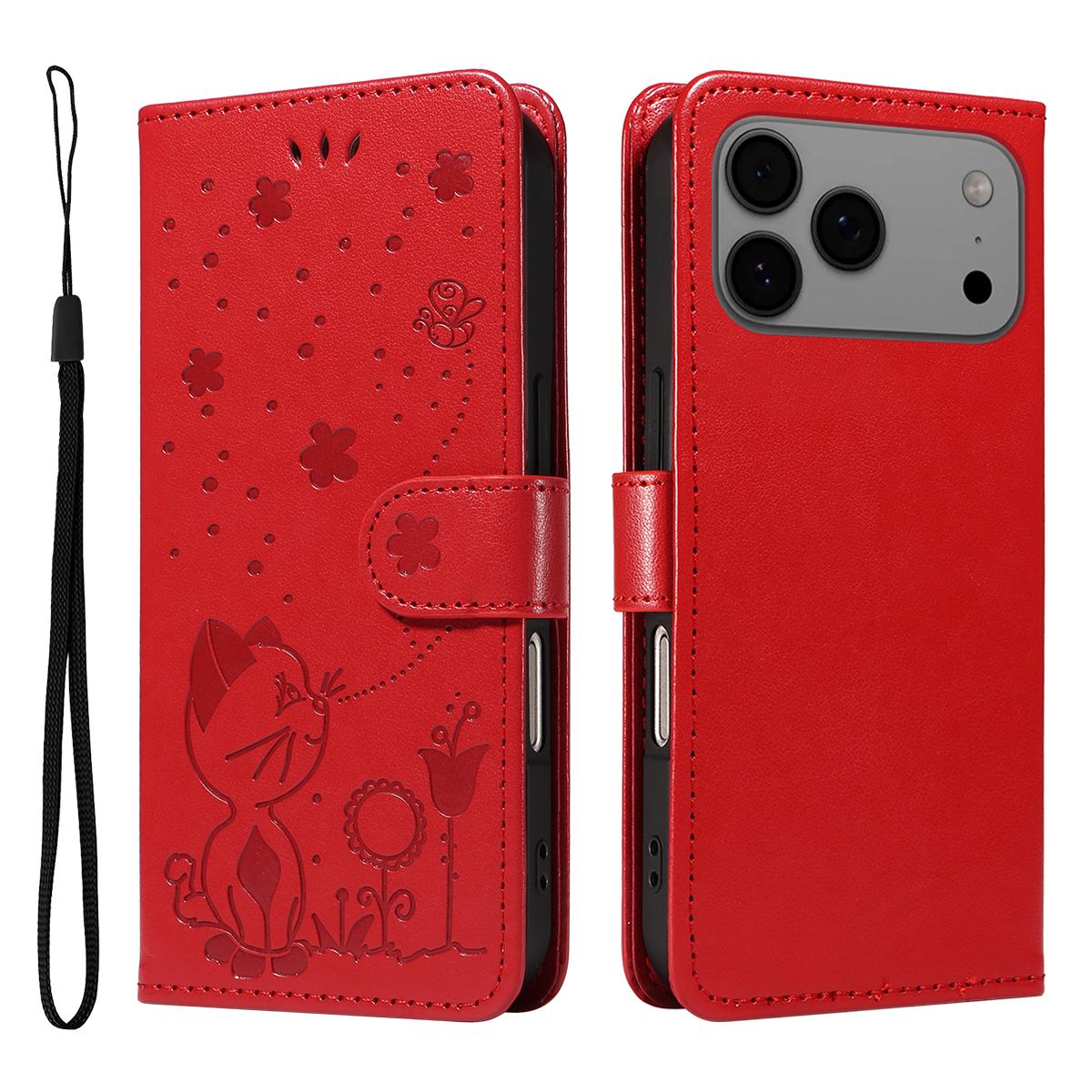 

For iPhone 17 Pro Max Leather Wallet Case Cat Bee Pattern Phone Cover Stand Red