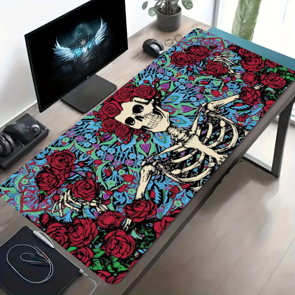 Horror Skull Skeleton Extended Desk Mat Non Slip Rubber Base Stitched Edge Gaming Keyboard Table Mat For Laptop Office Gamers