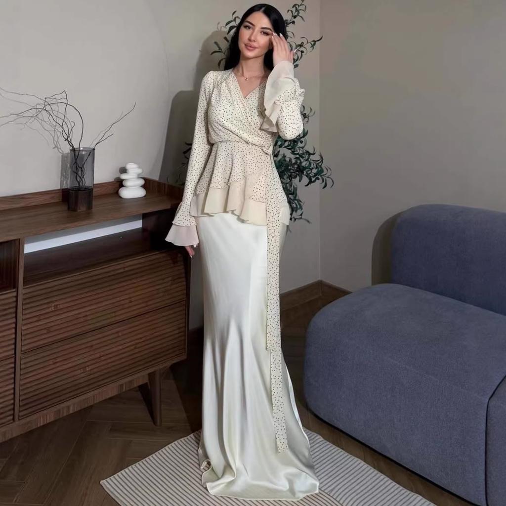 Cross-border European and American Women's Clothing  Amazon Sexy V-neck Light Luxury Long-sleeved Temperament Lace-up French Top Skirt