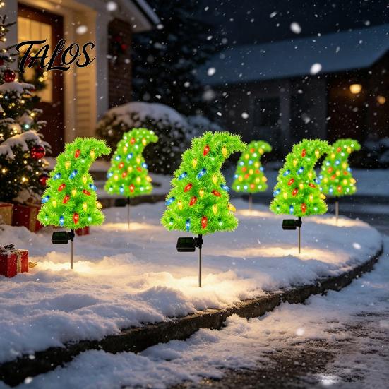 Solar Powered Path Pathway Lights Christmas Tree Garden Stake Lights, Outdoor IP65 Waterproof Crooked Lamp with Colorful Light for Decorative
