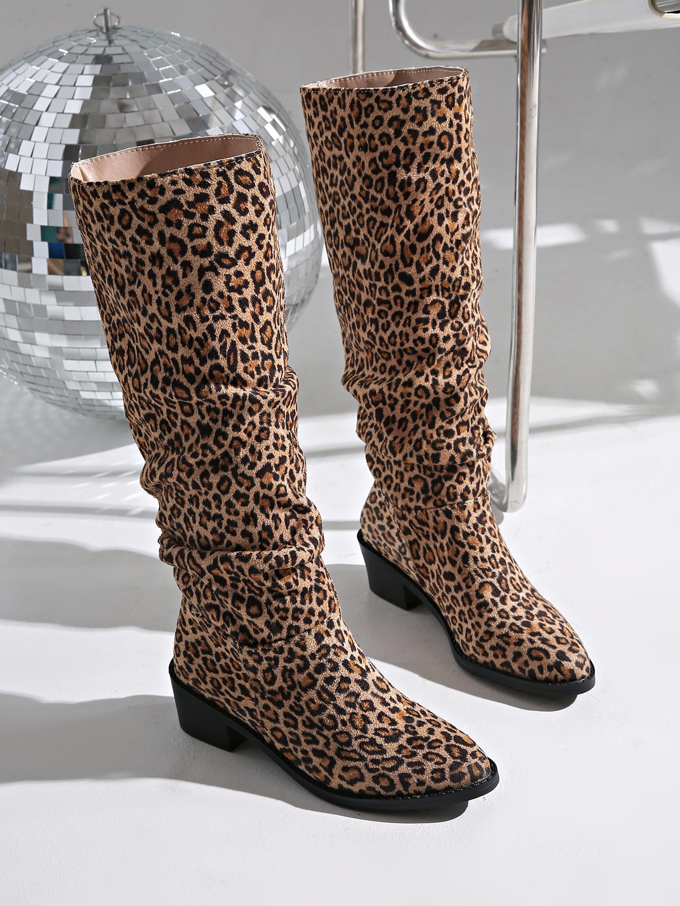 

Осенние и зимние высокие сапоги для детей на низком толстом каблуке с круглым носком, черные и красные матовые сапоги для верховой езды в стиле рыцаря с леопардовым принтом 43