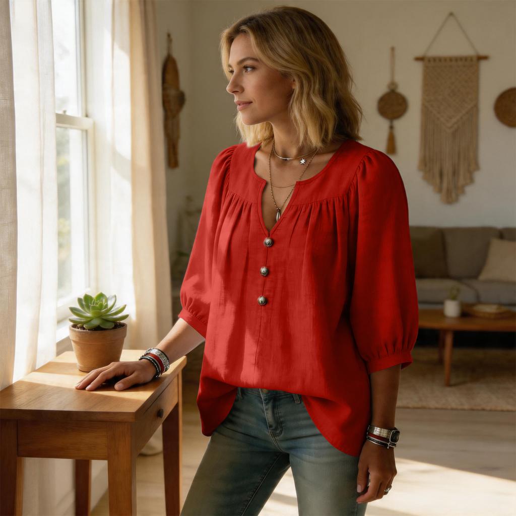 Women's Cotton And Linen Three-quarter Sleeve Button Casual Loose T-shirt