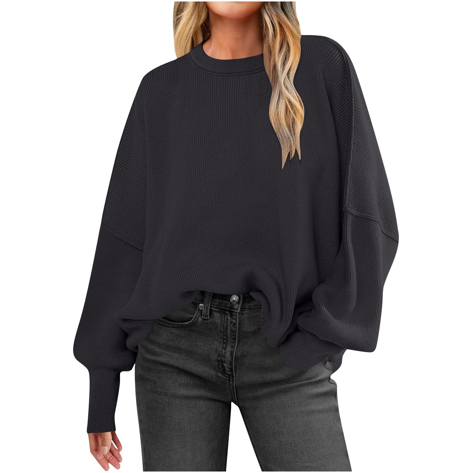 

Sleeve Sweaters For Women Casual Crewneck Knitted Fall Winter Loose Pullover Cute Sweater Tops L чорний