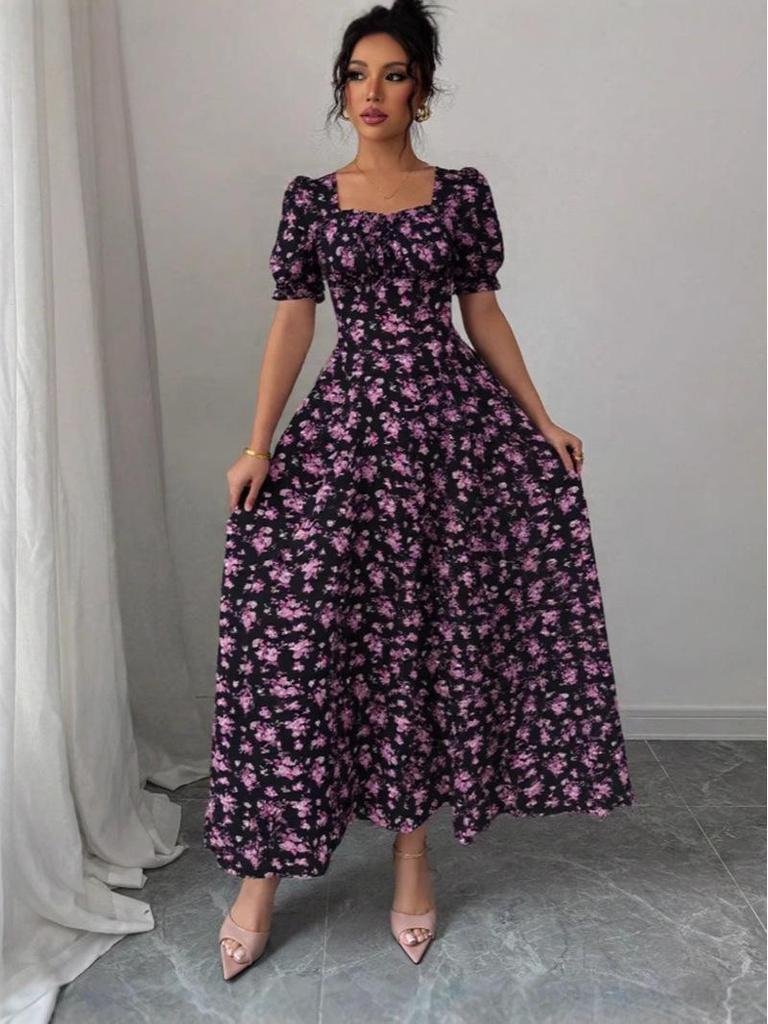 2025 Summer Fashion Women's Printed U-neck Short-sleeved Large Swing Dress
