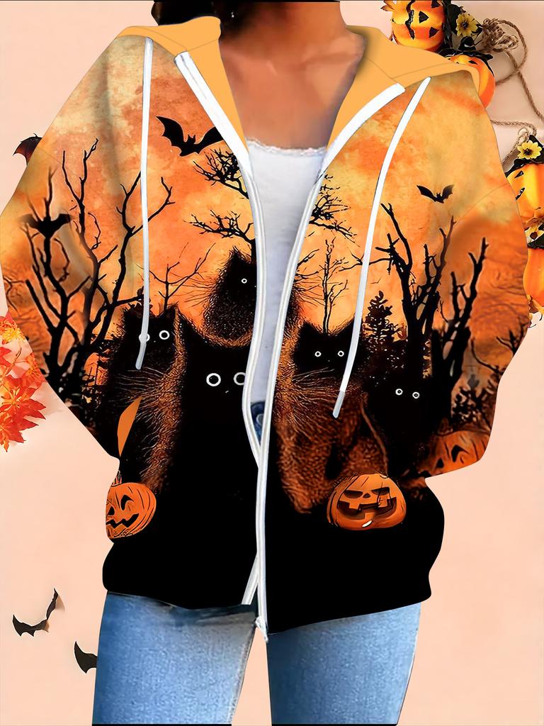 Halloween 3D Printed Hooded Cardigan Plus Size Autumn Winter Retro