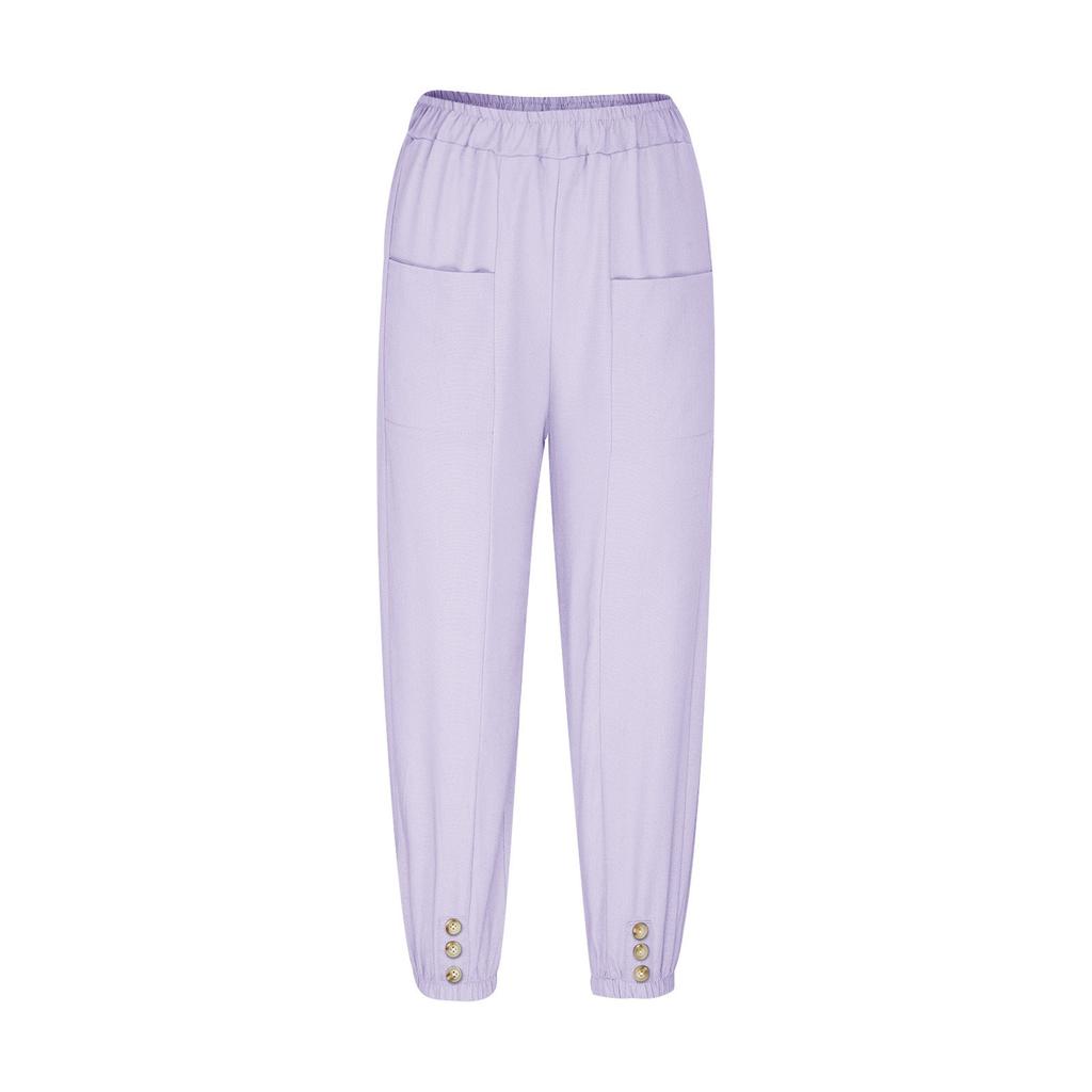 Women's Fashionable Color Cotton Linen Elastic Waist Decorative Casual Pants With Pockets