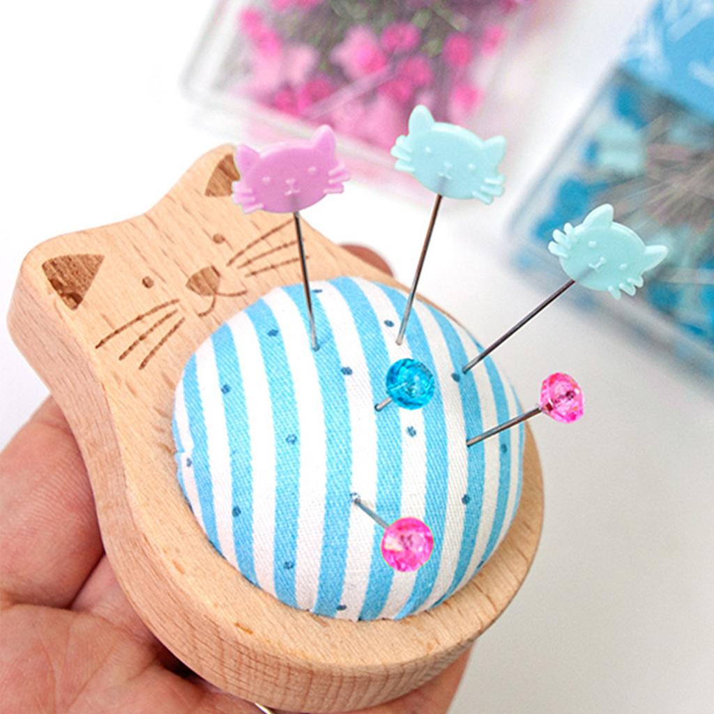 Wood Pin Cushion with 80 Straight Sewing Pin for Dressmaking Needlework Sewing Quilting Positioning Pin with Pin Holder