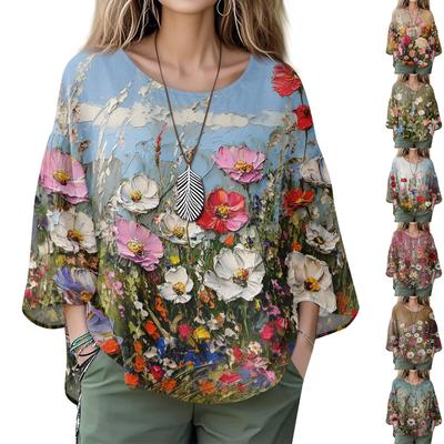 Summer Tops For Women Cute V Neck 3/4 Sleeve Blouses Floral Print Top Casual Shirts