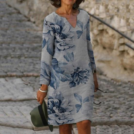Women Midi Dress Flower Print V-neck Long Sleeves Vintage Pullover Daily Wear Colorful Holiday Autumn Women Beach Dress Female Clothes