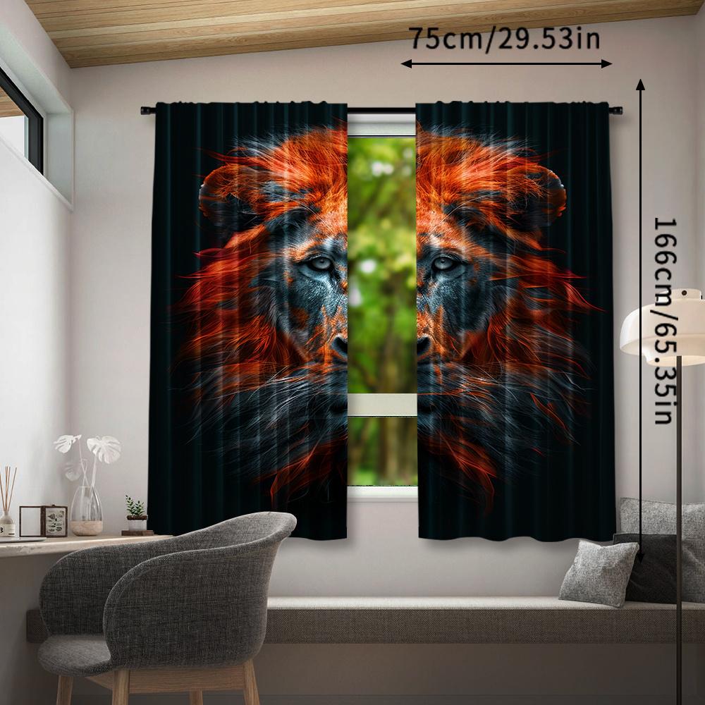 2pcs Lion Jungle Curtains - King of the Wildlife Design   Vibrant Orange & Black Lion Head Print   Rod Pocket Window Treatment for