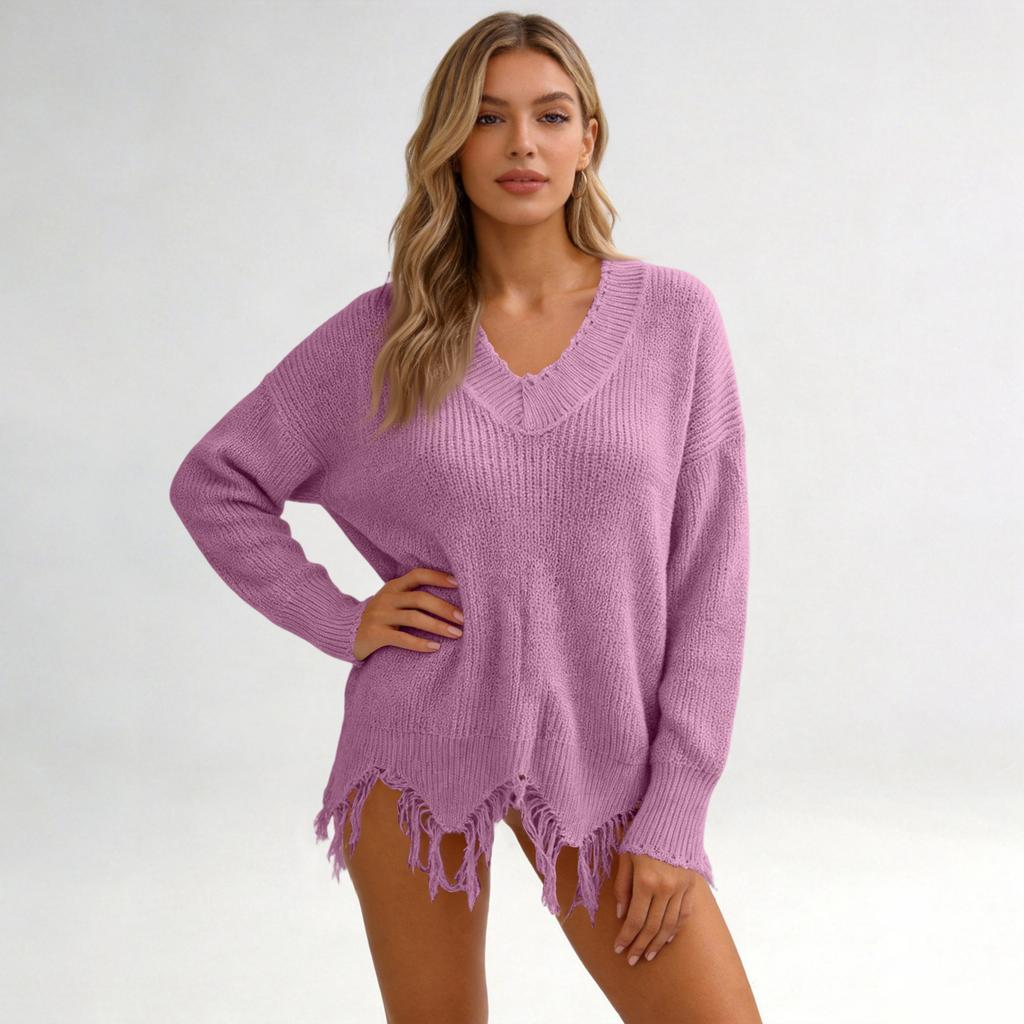 Women's Loose Fit Deep V-Neck Pullover Knit Sweater for Casual Fashion