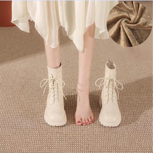 Women's High Heel Lace-Up Ankle Boots Thick Platform Chunky Heel Rear Zipper Long Boots White