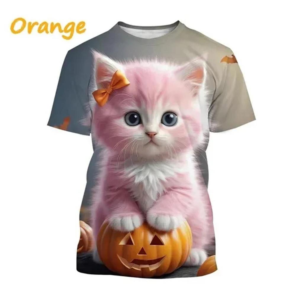 Children's T-Shirt Cute Cat Graphic Girl Round Neck Kids Clothes Fashion Summer Top