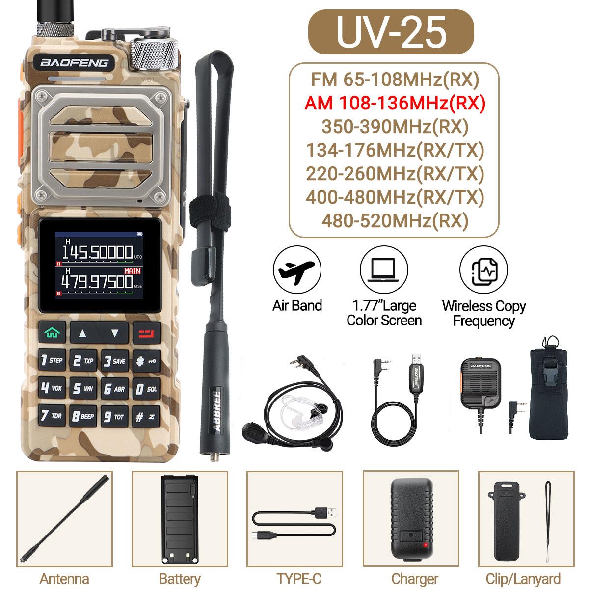 Baofeng UV-25 Walkie Talkie Luchtvaartband Lange Afstand UHF VHF AM Draadloos Frequentie Kopiëren 999 Zenders NOAA Type-C Oplader Amateur Tweerichtingsradio US