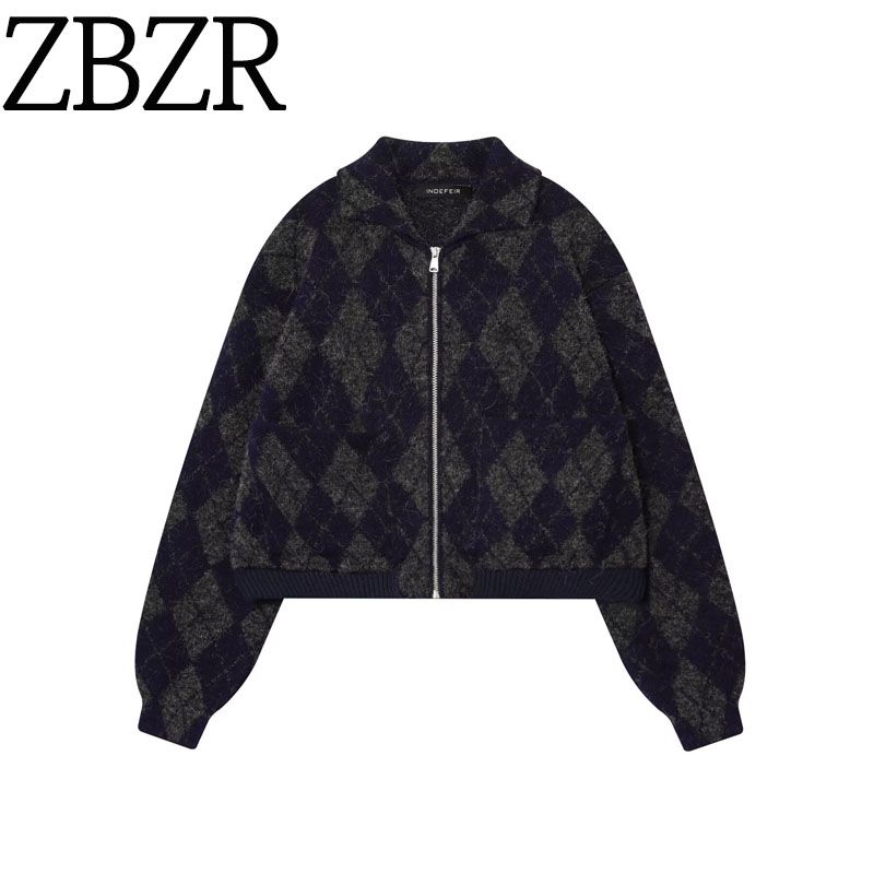 Za New Fall Women's Clothing 2025 Fashion Wind Diamond Pattern Knitting Pilot Jacket Outwear 6236100 050
