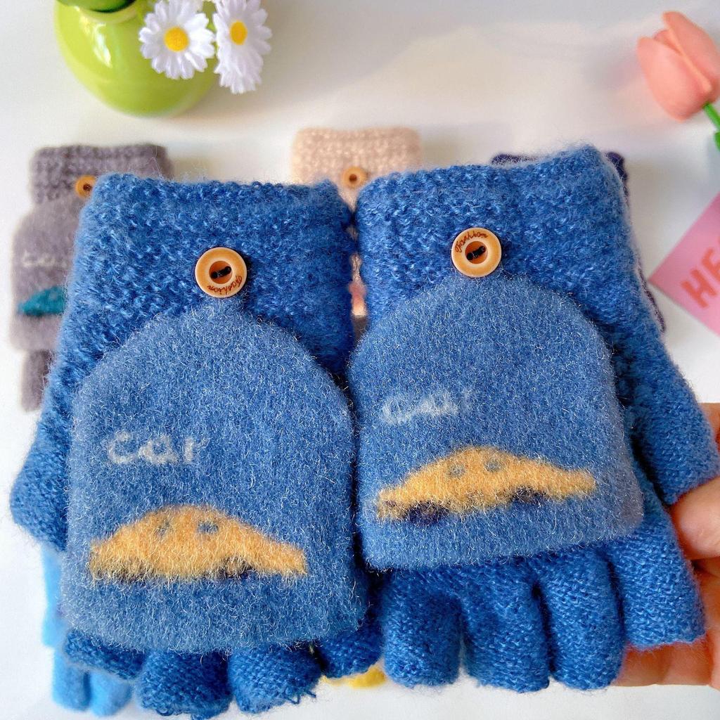 Cartoon Flip-Top Half-Finger Boy's Winter Gloves: Exposed Fingertips for Writing & Cycling