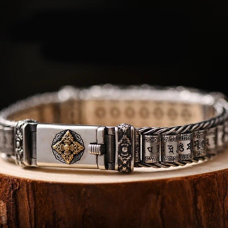 HX New Bracelet Men's Personality Style Retro Creative Hand-woven Six-character Mantra Barrel Bead Chain for Boyfriend Gift