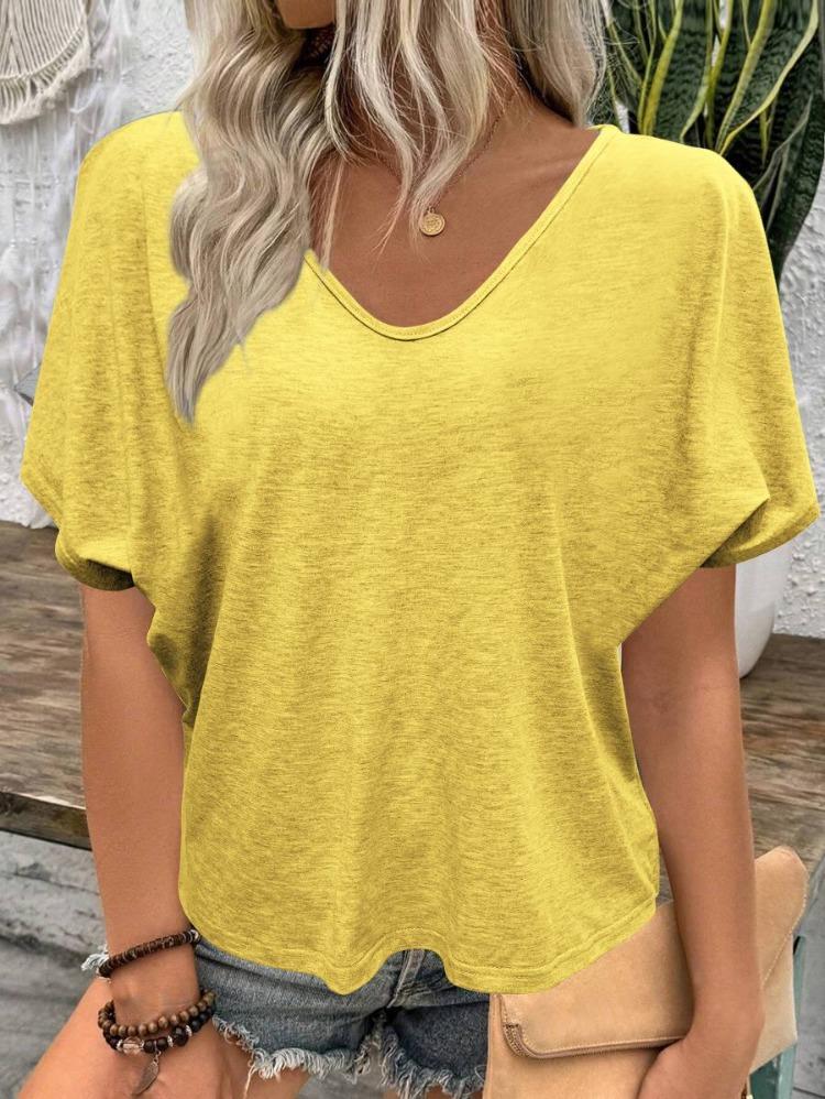 European-American Style New V-Neck Pleated T-Shirt Loose Fit Short Sleeves Candy Colors