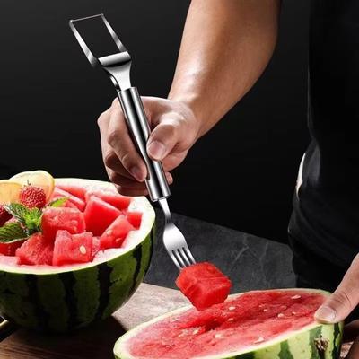 2 In 1 Watermelon Cutter Stainless Steel Silver Watermelon Fork Slicer Double Head Use Multi-purpose Salad Cutter Kitchen