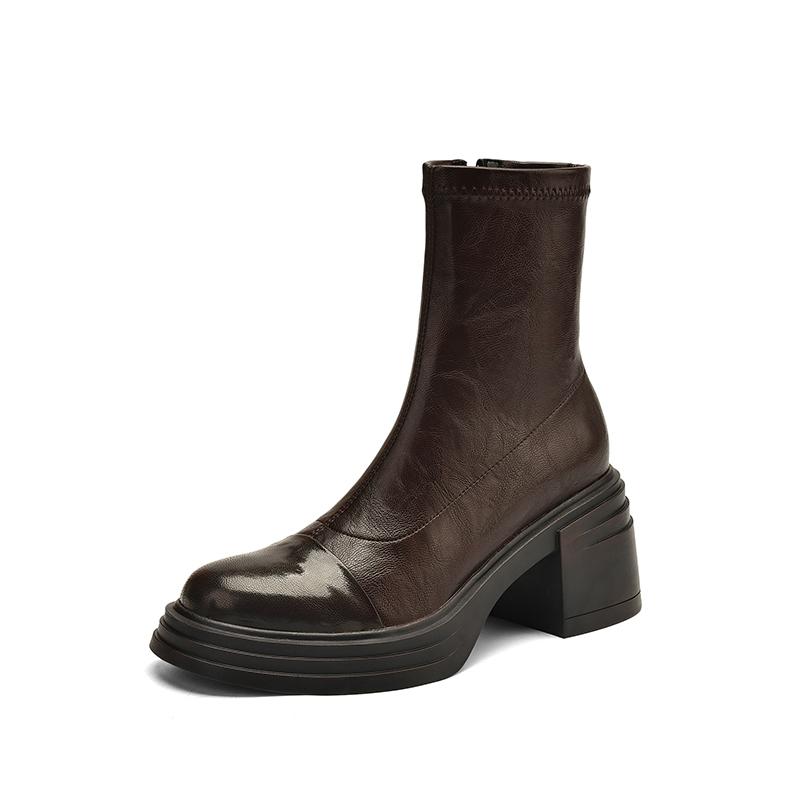 

Fashion Women s new autumn and winter round toe leather thick sole and calf high-heeled plus size retro elastic short boots 220 коричневый