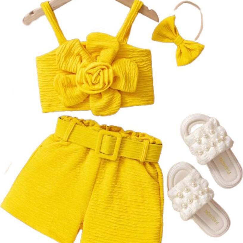 Girls' Fashionable Set Summer Children's Multi-color Three-dimensional Flower Halter Top + Shorts + Headwear
