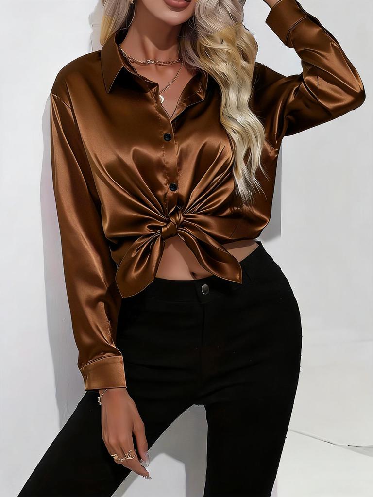 Chemise Satinée Brillante Élégante à Manches Longues pour Femme – Polyvalente pour le Printemps, l'Automne et Toutes les Saisons