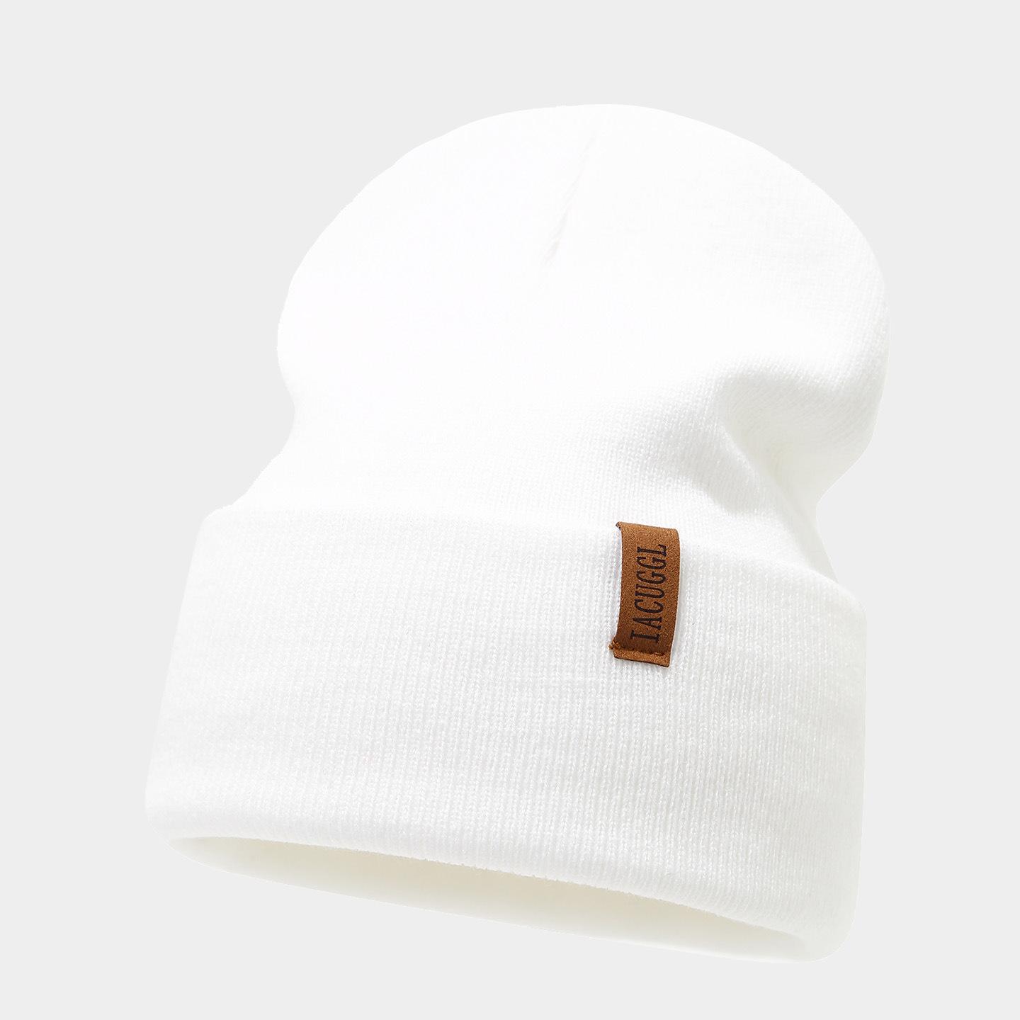 Bestselling Cross-Border E-Commerce Knitted Hat - Leather Patch Letter Thickened Warm Brimless Beanie, Unisex Outdoor Casual Cap