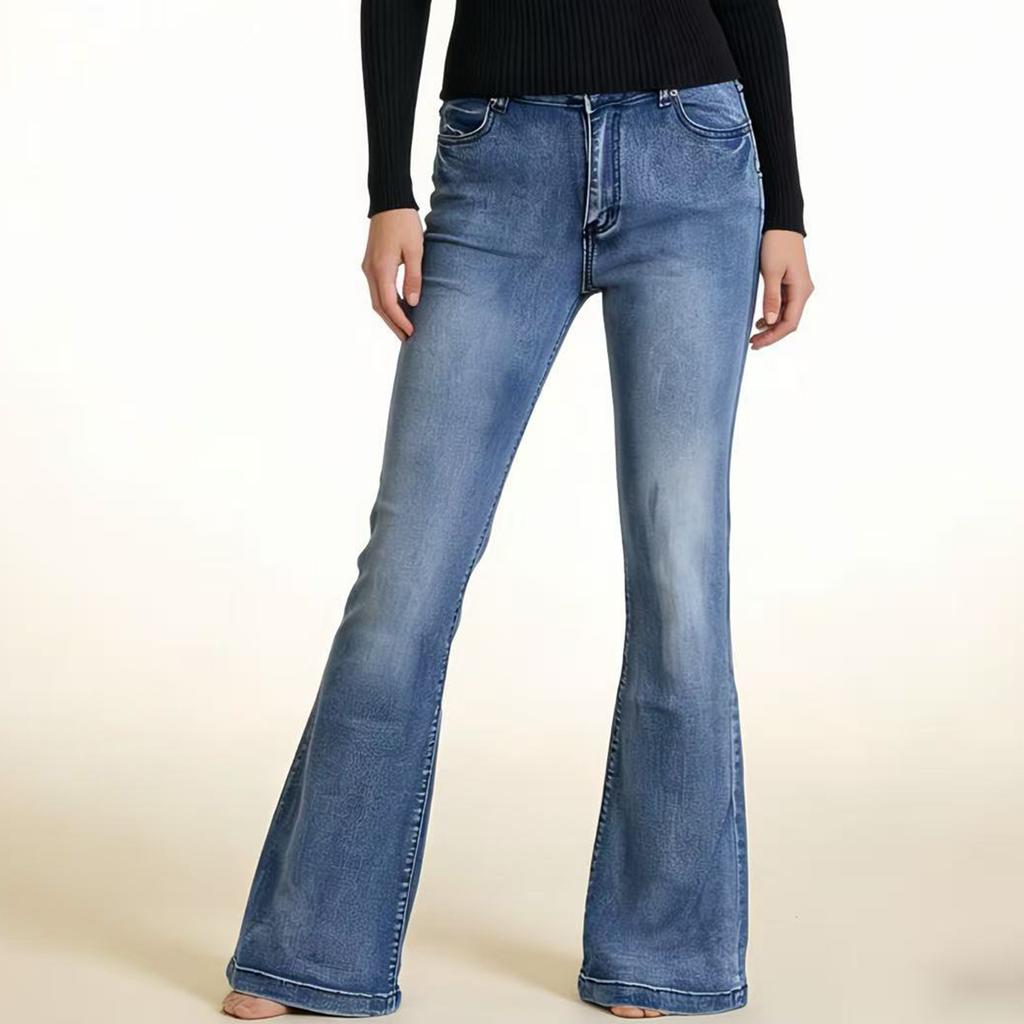 Women's Mid- Stretch Jeans Fashion Straight Leg Denim Pants With Pockets