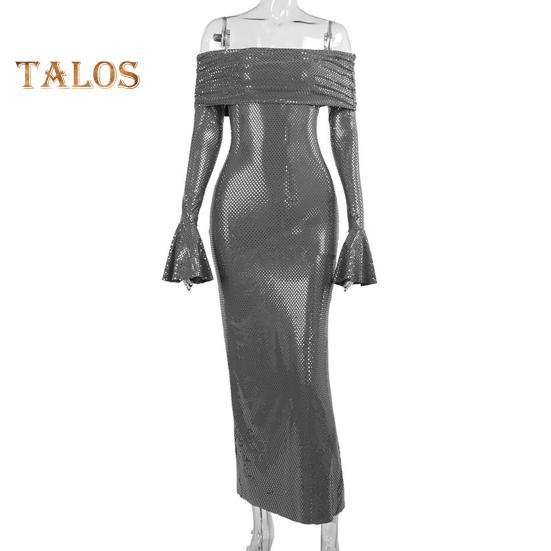Lady Evening Dress Bateau Neckline Off Shoulder Long Sleeves Shimmering Sequin Bronzing Strapless Bodycon Prom Cocktail Party Maxi Dress