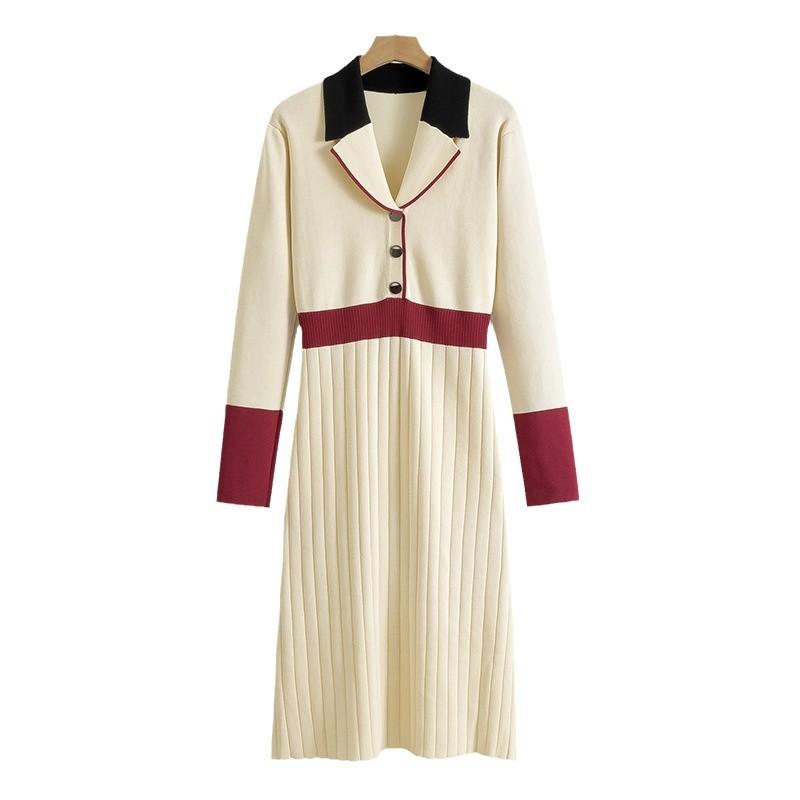 Jaro Nová Móda Pas Slim Fit Oblekový Límec Pletené Dámské Šaty