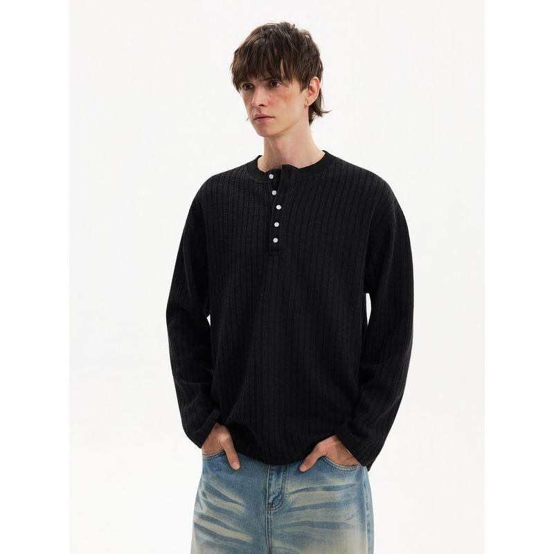 Blaexit American Clean Fit Old Money Style Ribbed Henry Collar Long-Sleeve Base Shirt Men's T-Shirt Inner Layer Top