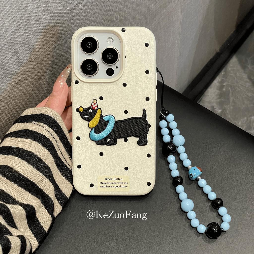 Polka Dot Embroidery Dachshund for IPhone16promax for Apple 14 Phone Case 13 Anti-fall 12 Soft 11/15