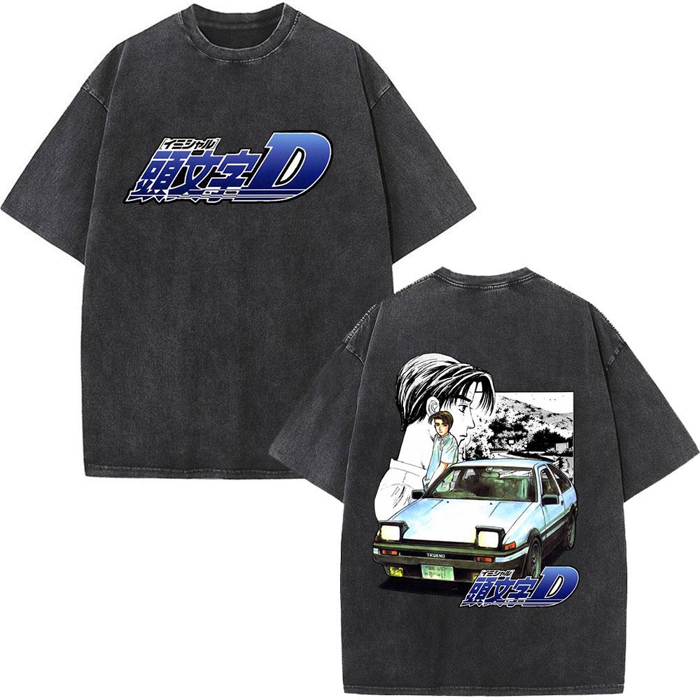 Anime Initial D Drift AE86 Washed Vintage Print T-shirt RX-7 R34 Skyline GTR JDM T-shirts Men's Harajuku Cozy Oversized T Shirts