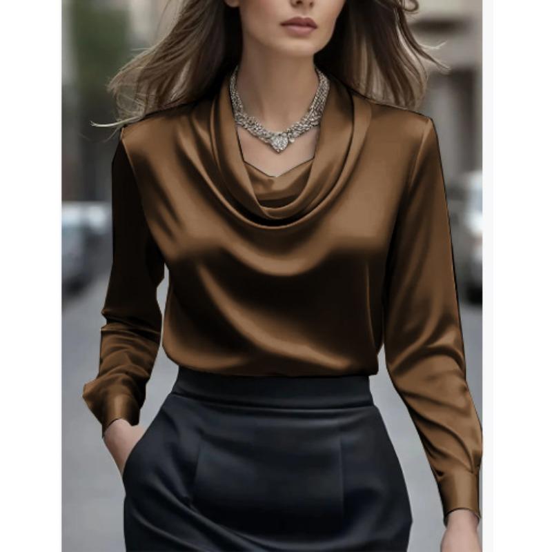 Women cowl draped neck silky glossy long sleeve slim fit office blouse