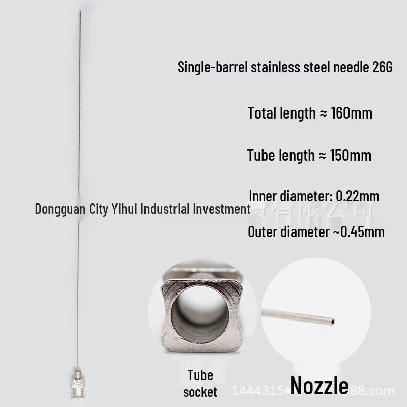 Stainless Steel Dispensing Syringe: 160mm Total Length, 150mm Tube, Pointed Tip, Flat Opening