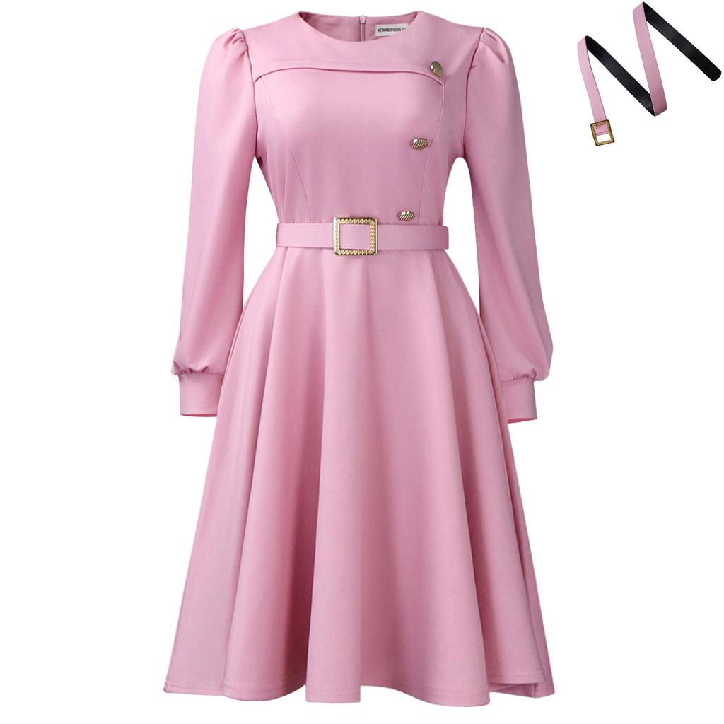 New Round-neck Long-sleeved High-waisted A-line Skirt - Elegant Party Pure-color Dress