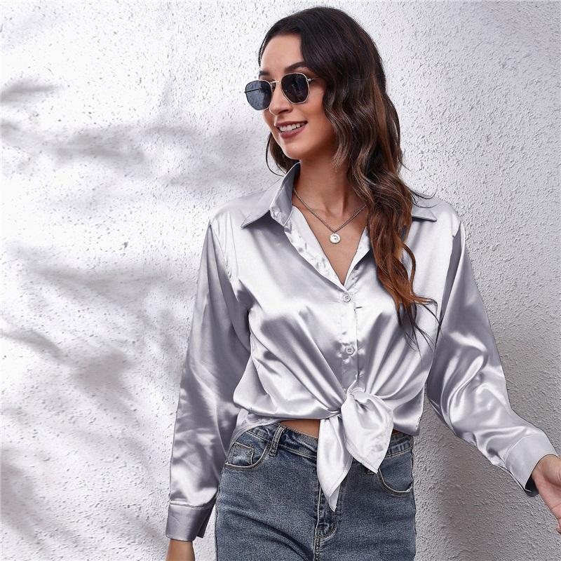 Women's Satin Blouse Long Sleeve V Neck Casual Button Down Shirt
