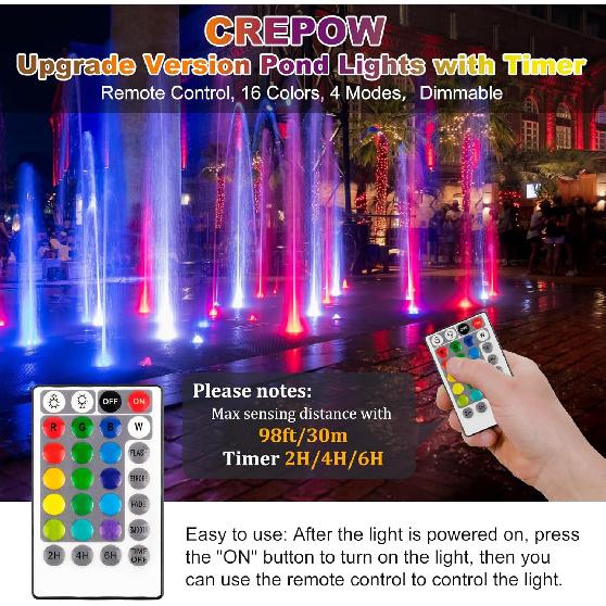 RGBW Pond Lights with Timer, 18 LED Super Bright Underwater Submersible Fountain Lights Color Changing Spotlights, Remote Control IP68 Waterproof for