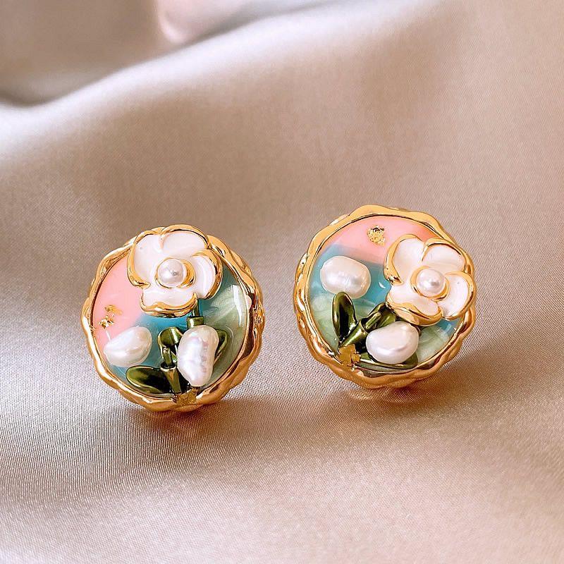 

Барочный натуральный жемчуг Женские самые продаваемые необычные серьги Monet Garden Pink Tulip