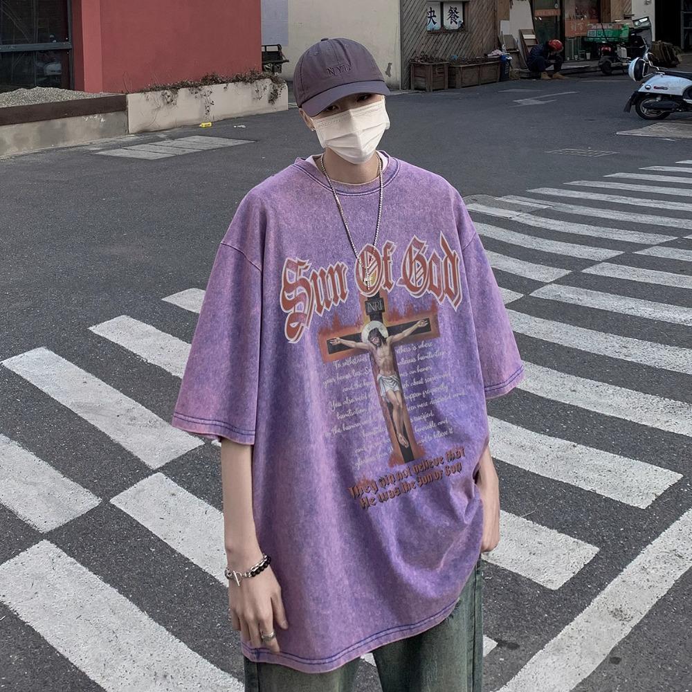 100 % bomull Acid Washed Vintage Kortärmad T-shirt Framtryck Streetwear HipHop Harajuku Oversized T-shirts