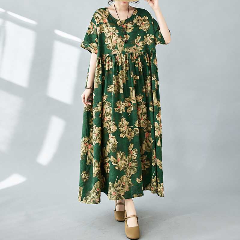Simple Bohemian Print Dress Short Sleeve Round Neck Summer New Style Elegant Feel Long Dresses Women's Clothing