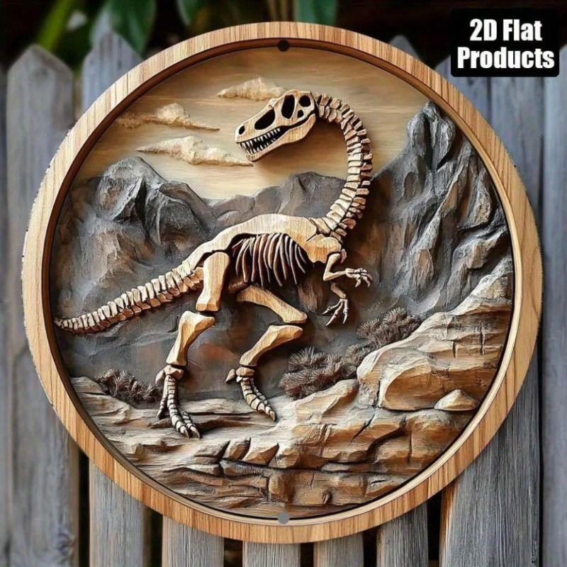 Metal Round Wall Art Dinosaur Skeleton 8x8 Inch Vintage Home Decor