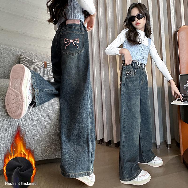 

Дівчачі джинси з широкими штанинами на флісовій підкладці на весну та осінь 2024 року - стиль прямих штанин для зими, підходять для дітей середнього та старшого віку. 150 cm