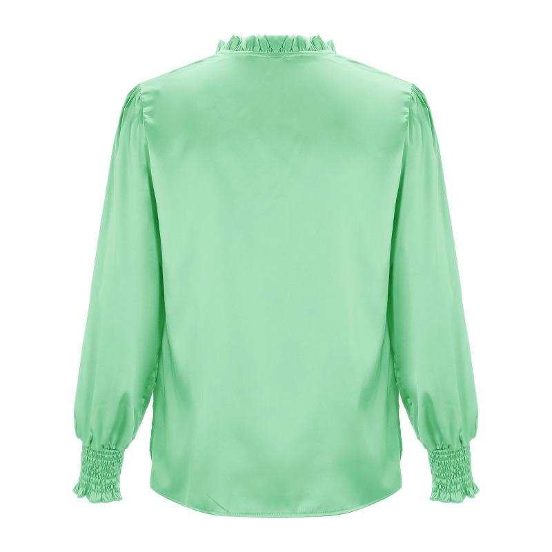 Jaro Podzim Elegantní Jednobarevný Kulatý výstřih Popruh s dlouhým rukávem Rovná trubka Hedvábné Dámské Top halenky a košile